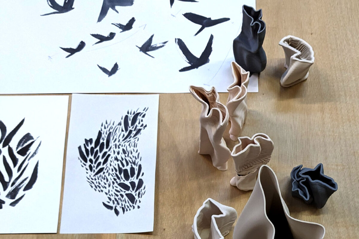 Photo : Recherches autour du vol des oiseaux : dessins à l'encre de chine et impressions 3D porcelaine et grès - Pernelle Roux