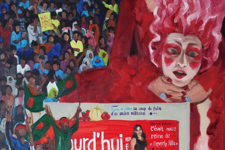 Détail d'une peinture de Shu Rui : Ah ! Ça ira 2024, série La Fin de l'abondance, huiles sur toile.